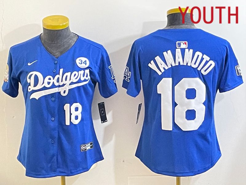 Youth Los Angeles Dodgers 18 Yamamoto Blue Game 2024 Nike MLB Jersey style 11212